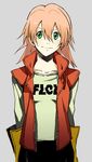  alternate_eye_color artist_request clothes_writing flcl gloves green_eyes haruhara_haruko pink_hair shirt short_hair simple_background solo t-shirt vest 