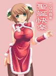  artist_request brown_hair china_dress chinese_clothes christmas copyright_request dress green_eyes santa_costume short_hair solo thighhighs 