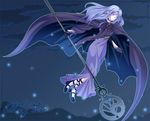  artist_request blue_eyes blue_hair cape caster dress fate/stay_night fate_(series) flying high_heels long_dress night pointy_ears purple_hair shoes solo sparkle staff 