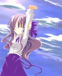  :3 ^_^ arm_up arms_up blouse blue_sky blush brown_hair closed_eyes cloud copyright_request cowboy_shot day long_hair long_sleeves miwa_maku purple_skirt skirt sky solo stretch sweater very_long_hair wavy_hair wrist_extended 
