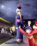  4girls alternate_costume blonde_hair blue_hair child full_moon hair_ribbon hat japanese_clothes kamishirasawa_keine kannazuki_hato kimono moon multiple_girls mystia_lorelei night pink_hair ribbon rumia short_hair silver_hair tabi touhou wings yukata 