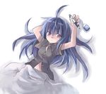  artist_request blue_hair copyright_request eraser midriff pen red_eyes solo 