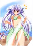  aqua_bikini aqua_sarong artist_request bikini bow breasts fujiwara_no_mokou hair_bow hair_ribbon highres kamishirasawa_keine medium_breasts multiple_girls nipple_slip nipples purple_hair red_eyes ribbon sarong surprised swimsuit touhou wardrobe_malfunction 