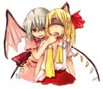  bat_wings blindfold finger_in_mouth flandre_scarlet grey_hair multiple_girls no_hat no_headwear pointy_ears red_eyes remilia_scarlet siblings simple_background sisters slit_pupils takishima_asaka touhou untied wings 