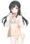 1girl asashio_(kantai_collection) black_hair blue_bra blue_eyes blue_panties bra commentary_request cowboy_shot dress_shirt highres kantai_collection long_hair looking_at_viewer mouth_hold navel open_mouth panties red_ribbon ribbon shiosoda shirt simple_background solo underwear white_background 
