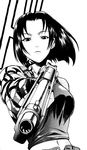  beretta_92 black_lagoon foreshortening from_below greyscale gun handgun hiroe_rei holding holding_gun holding_weapon midriff monochrome official_art pistol revy_(black_lagoon) short_hair solo tattoo weapon 