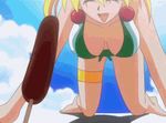  animated animated_gif bikini blonde_hair bracelet breasts day earrings eiken food grace_lin jewelry large_breasts lowres popsicle sexually_suggestive solo swimsuit 
