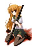  arisa_bannings artist_request blonde_hair burning_arisa cosplay kugimiya_rie long_hair lyrical_nanoha mahou_shoujo_lyrical_nanoha red_hair school_uniform seiyuu_connection serafuku shakugan_no_shana shana shana_(cosplay) solo sword thighhighs weapon zettai_ryouiki 