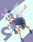  1girl blue_eyes blue_hair bow cirno fairy_wings fang kannazuki_hato simple_background smile solo touhou wings 