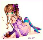 artist_request blush brown_hair cookie copyright_request food green_eyes lowres multicolored multicolored_clothes multicolored_legwear panties ribbon sitting solo striped striped_legwear sweater thighhighs twintails underwear 