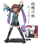  armpits boots brown_hair cosplay fang hatsune_miku hatsune_miku_(cosplay) headset hiiragi_kagami kusakabe_misao long_hair lucky_star microphone multiple_girls orz patricia_(stylish_marunage) purple_hair ryouou_school_uniform school_uniform serafuku short_hair tears thigh_boots thighhighs translated twintails va vocaloid yellow_eyes zettai_ryouiki 