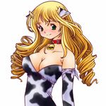  animal_ears animal_print bell bell_collar breasts cleavage collar copyright_request cow_bell cow_ears cow_girl cow_print drill_hair horns kusunoki_masashige large_breasts solo 