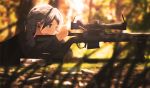  1girl ammo_box blurry blurry_background blurry_foreground bolt_action commentary_request depth_of_field ear_protection gun lens_flare lying magazine_(weapon) on_stomach orange_eyes original outdoors rifle silver_hair sniper_rifle solo weapon ylmi 
