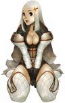  alien1452 boots breasts cleavage copyright_request cross elbow_gloves foreshortening gloves hair_ornament hairclip latin_cross long_hair medium_breasts midriff sitting solo thigh_boots thighhighs white_hair 