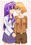  arisa_bannings artist_request blonde_hair blush eye_contact holding_hands long_hair looking_at_another lyrical_nanoha mahou_shoujo_lyrical_nanoha mahou_shoujo_lyrical_nanoha_a's mahou_shoujo_lyrical_nanoha_strikers multiple_girls purple_hair tsukimura_suzuka yuri 