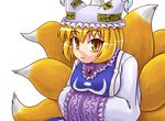  blonde_hair breasts brooch dress eyebrows eyebrows_visible_through_hair frills gem hands_in_opposite_sleeves hat jewelry large_breasts long_sleeves looking_at_viewer ofuda pillow_hat sasuke_(sasuke_no_sato) short_hair solo tabard touhou upper_body white_background white_dress wide_sleeves yakumo_ran 