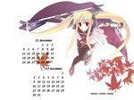  2007 blonde_hair calendar_(medium) december fate_testarossa long_hair lyrical_nanoha mahou_shoujo_lyrical_nanoha_strikers muraya_yoshihisa november solo thighhighs twintails 