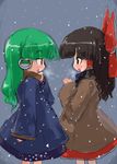 black_hair breath coat green_hair hakurei_reimu kochiya_sanae long_hair multiple_girls scarf snowing tao_(kadoya) touhou 
