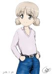  1girl aki_(girls_und_panzer) belt blonde_hair bukkuri closed_mouth dated eyebrows_visible_through_hair girls_und_panzer grey_eyes hands_in_pockets long_sleeves looking_at_viewer short_hair solo white_background 