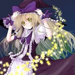  beshi blonde_hair bow frills hair_bow hand_on_headwear hat kirisame_marisa long_hair lowres smile solo star touhou witch_hat wrist_cuffs yellow_eyes 
