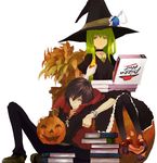  1girl bangs black_hair black_legwear bracelet c.c. code_geass cross dress food gloves green_hair halloween hat holding_pizza jack-o'-lantern jewelry latin_cross lelouch_lamperouge long_hair pants pantyhose pizza pizza_hut product_placement pumpkin purple_eyes tsuki_yuuhi witch witch_hat yellow_eyes 