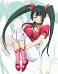  breasts china_dress chinese_clothes cleavage cleavage_cutout dress full_body green_eyes green_hair gundam gundam_00 large_breasts long_hair looking_at_viewer puffy_short_sleeves puffy_sleeves red_dress short_sleeves side_slit sitting solo toryuu twintails very_long_hair wang_liu_mei 