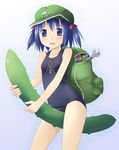  backpack bag blue_eyes blue_hair cucumber hair_bobbles hair_ornament kannazuki_hato kawashiro_nitori key one-piece_swimsuit open_mouth school_swimsuit sexually_suggestive solo swimsuit touhou two_side_up wrench 