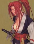  amputee angry baiken breasts cleavage clenched_teeth covered_nipples facial_mark forehead_mark guilty_gear haori japanese_clothes kataginu large_breasts lips lipstick long_hair looking_at_viewer looking_back makeup no_bra obi one-eyed open_clothes open_shirt ponytail profile red_eyes red_hair red_lipstick samurai sash scan scar scar_across_eye scrunchie sheath shirt sidelocks solo standing sword teeth torn_clothes tsukasa_jun weapon wide_sleeves 