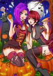  artist_request bear blue_eyes boots buttons candy choker copyright_request cross demon_girl demon_tail demon_wings food ghost halloween jack-o'-lantern latin_cross lipstick long_hair makeup moon multiple_girls pink_lipstick pumpkin purple_hair red_eyes red_hair sarashi shoes short_hair tail thighhighs tombstone tree winged_shoes wings 