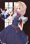  :d alice_margatroid belt beshi blonde_hair blue_eyes blush book capelet doll fairy_wings frills full_body grimoire grimoire_of_alice holding holding_book necktie open_mouth red_neckwear shanghai_doll short_hair size_difference smile solo touhou white_capelet wings 