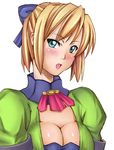  blonde_hair blue_eyes blush breasts cassandra_alexandra cleavage large_breasts lowres metadora necktie pink_neckwear short_hair solo soulcalibur 