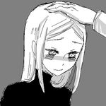  artist_request blush grey_background greyscale gundam gundam_00 hands light_smile long_sleeves lowres monochrome nose_blush out_of_frame petting simple_background solo_focus soma_peries upper_body 