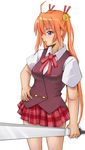  ahoge bell blue_eyes ensis_exorcizans fan hair_ornament hair_over_one_eye hand_on_hip harisen kagurazaka_asuna long_hair mahora_academy_middle_school_uniform mahou_sensei_negima! metadora orange_hair plaid plaid_skirt ribbon school_uniform skirt solo twintails very_long_hair vest weapon 