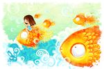  artist_request brown_hair bubble copyright_request fish goldfish long_hair solo 