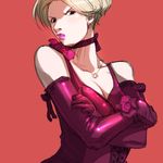  angry blonde_hair breasts choker cleavage crossed_arms dress earrings elbow_gloves falcoon flower formal gloves jewelry king_(snk) lipstick makeup medium_breasts red_dress rose ryuuko_no_ken short_hair snk solo the_king_of_fighters 