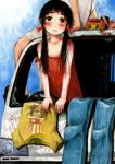  bare_shoulders black_eyes black_hair can denim frank_zappa gomennasai ground_vehicle hippie jeans long_hair motor_vehicle original pants radio solo strap_slip twintails van 