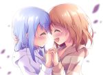  2girls :d ^_^ bangs blue_hair blurry blurry_background blush brown_hair closed_eyes closed_mouth commentary_request depth_of_field eyebrows_visible_through_hair eyes_closed facing_another fingernails gochuumon_wa_usagi_desu_ka? hair_between_eyes hands_up hood hood_down hoodie hoto_cocoa interlocked_fingers jacket kafuu_chino long_hair multiple_girls open_mouth pom_pom_(clothes) satsuki_yukimi smile striped_jacket tears upper_body upper_teeth white_background white_hoodie 