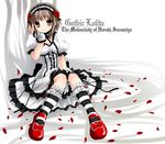  brown_eyes brown_hair dress frills gothic hairband leg_garter lolita_hairband looking_at_viewer namamo_nanase puffy_short_sleeves puffy_sleeves short_sleeves simple_background sitting solo striped striped_legwear suzumiya_haruhi suzumiya_haruhi_no_yuuutsu white_background white_dress 