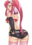  ass back belt bikini_top blush bra breast_hold breasts elbow_gloves fingerless_gloves from_behind gloves hair_ornament hair_stick kansuke lingerie long_hair looking_back medium_breasts metadora open_mouth pink_legwear ponytail red_hair scarf short_shorts shorts skull solo studded_belt tengen_toppa_gurren_lagann thighhighs underboob underwear yellow_eyes yoko_littner 