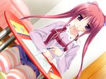  blush desk dutch_angle game_cg long_hair purple_eyes red_hair ribbon skirt solo striped striped_legwear thighhighs tomosato_madoka twintails yuuki_shin zettai_imouto_shijou_shugi 