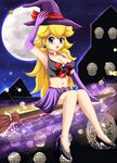  armpits belt blonde_hair blue_eyes breasts broom broom_riding choker cleavage elbow_gloves full_moon gloves halloween hat high_heels large_breasts long_hair mario_(series) midriff moon night princess_peach shoes sidesaddle sigurd_hosenfeld skirt solo sparkle star super_mario_bros. witch witch_hat 