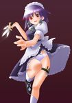  between_fingers braid glowing glowing_eyes izayoi_sakuya kannazuki_hato knife panties pantyshot red_eyes short_hair silver_hair solo throwing_knife touhou twin_braids underwear weapon white_panties 