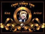  :3 :d ahoge artoria_pendragon_(all) black_background blonde_hair fate/stay_night fate_(series) gao metro-goldwyn-mayer open_mouth parody saber satomi short_hair simple_background smile solo text_focus 