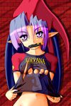  bottomless boxcutter breasts clothes_writing covered_nipples demon_girl demon_wings hat kazuboh knife medium_breasts midriff mouth_hold nirvana_(band) out-of-frame_censoring pointy_ears purple_eyes purple_hair raglan_sleeves shirt shirt_tug short_hair solo t-shirt torn_clothes underboob wings 