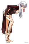  artist_request barefoot bodypaint breasts cleavage dark_sakura fate/stay_night fate_(series) highres large_breasts long_hair matou_sakura red_eyes solo striped white_hair 