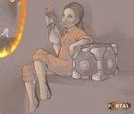  aperture_science_advanced_knee_replacement brown_eyes brown_hair chell heart highres jumpsuit long_hair non-web_source ponytail portal portal_(object) portal_(series) sleeves_rolled_up turret_(portal) weighted_companion_cube 