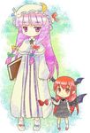  bat_wings black_dress book bow demon_girl dress frills full_body hair_bow hat head_wings height_difference holding holding_book jitome koakuma long_hair long_sleeves looking_at_viewer michii_yuuki mob_cap multiple_girls patchouli_knowledge purple_eyes purple_hair red_eyes red_hair robe standing succubus touhou very_long_hair wings younger 