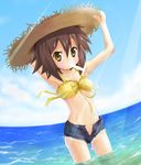  artist_request brown_hair denim denim_shorts food hat kusakabe_misao lucky_star ocean open_fly popsicle short_hair shorts solo straw_hat sun_hat unzipped yellow_eyes 