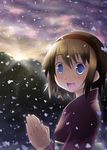  alice_margatroid blonde_hair blue_eyes hair_ornament hairband hands_clasped japanese_clothes kannazuki_hato open_mouth own_hands_together short_hair sky smile snowing solo touhou 