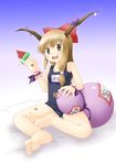  :d barefoot black_school_swimsuit brown_hair feet food fruit full_body gourd holding holding_food holding_fruit horns ibuki_suika indian_style kannazuki_hato long_hair name_tag object_namesake one-piece_swimsuit open_mouth popsicle school_swimsuit simple_background sitting smile solo swimsuit touhou watermelon 
